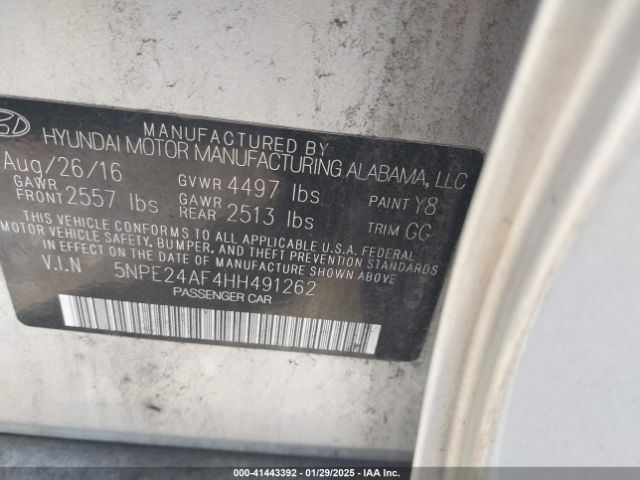 5NPE24AF4HH491262 Hyundai Sonata
