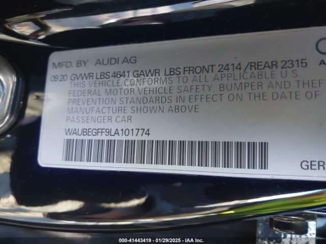 WAUBEGFF9LA101774 Audi A3 Premium 45 Tfsi S Line Quattro S Tronic