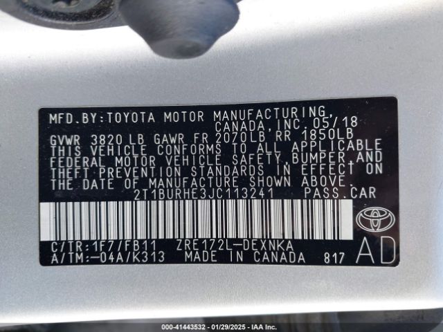 2T1BURHE3JC113241 Toyota Corolla L/le/xle/se/xse