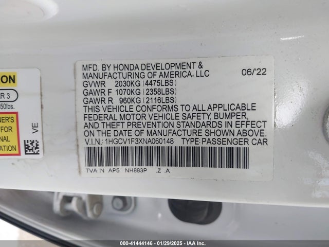 1HGCV1F3XNA060148 Honda Accord Sport