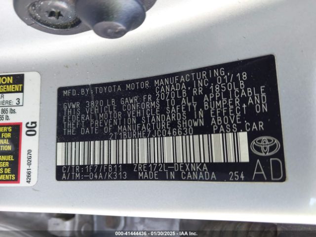 2T1BURHE7JC046630 Toyota COROLLA LE