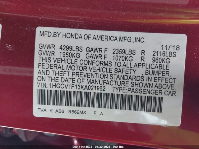 Honda ACCORD LX 2019 1HGCV1F13KA021962 Image 9