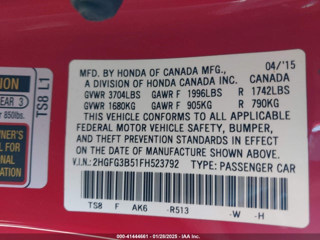 Honda Civic Lx 2015 2HGFG3B51FH523792 Image 9