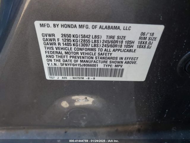 5FNYF6H15JB066001 Honda PILOT LX