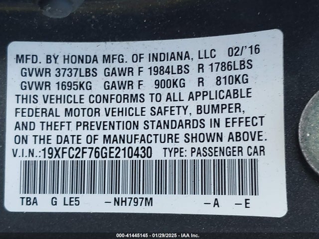 Honda CIVIC EX 2016 19XFC2F76GE210430 Image 9