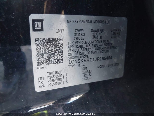 1GNSKBKC1JR165484 Chevrolet Tahoe Lt