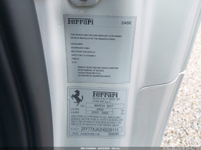 Продажа на аукционе авто 2017 Ferrari California T, vin: ZFF77XJA2H0226113, номер лота: 41445494