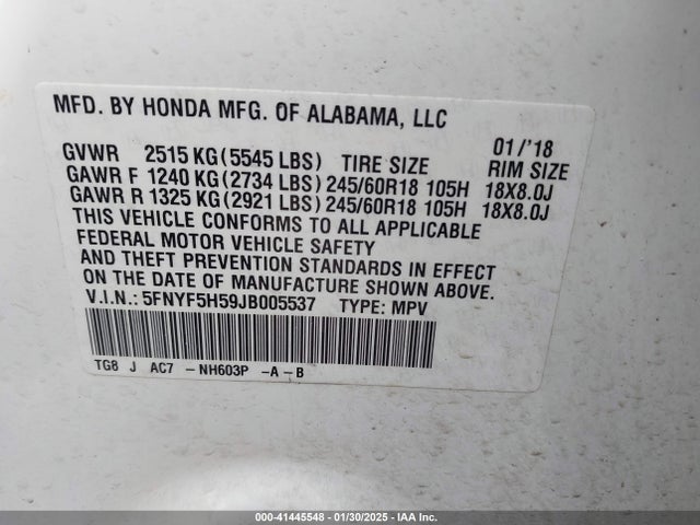 Honda Pilot Ex-l 2018 5FNYF5H59JB005537 Image 9