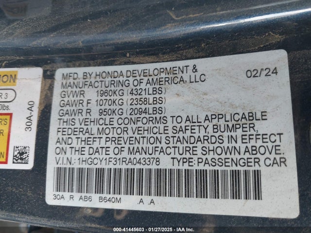 1HGCY1F31RA043378 Honda ACCORD EX