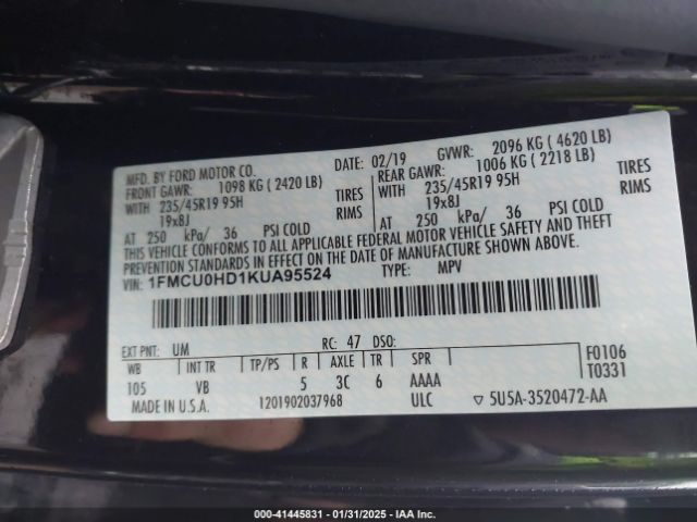1FMCU0HD1KUA95524 Ford ESCAPE SEL