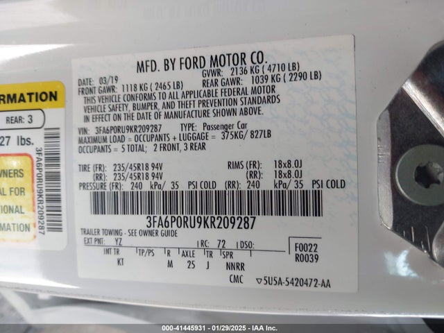 Ford Fusion Hybrid Titanium 2019 3FA6P0RU9KR209287 Image 9