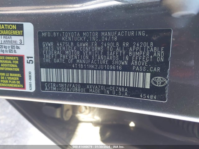 4T1B11HK2JU109616 Toyota CAMRY LE