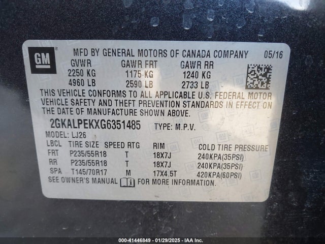Aukcja sprzedaży 2016 Gmc Terrain Slt, vin: 2GKALPEKXG6351485, numer aukcji: 41446849