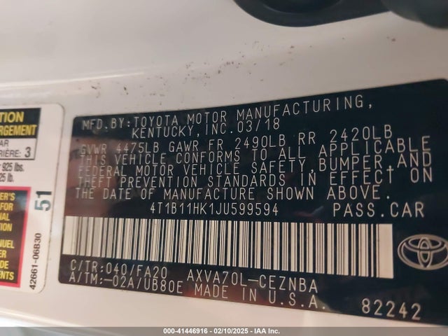 4T1B11HK1JU599594 Toyota CAMRY LE