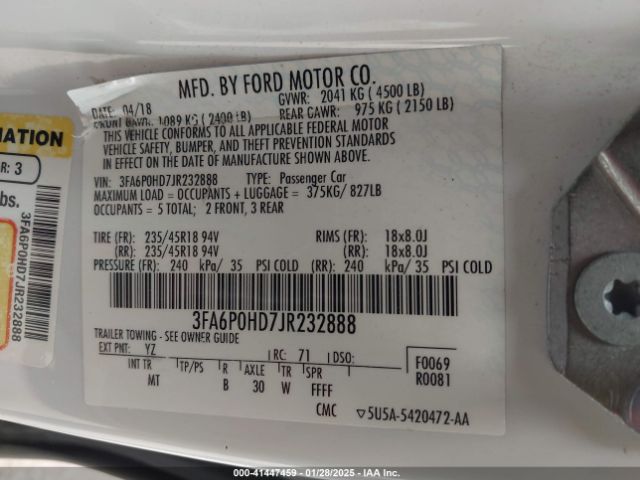 3FA6P0HD7JR232888 Ford FUSION SE