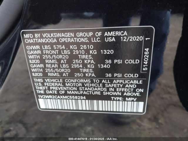 1V2WR2CAXMC558294 Volkswagen Atlas 3.6l V6 Se W/technology