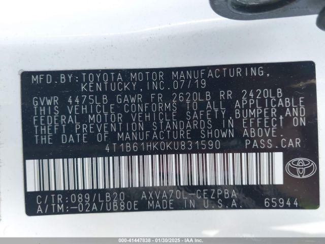 4T1B61HK0KU831590 Toyota CAMRY XSE