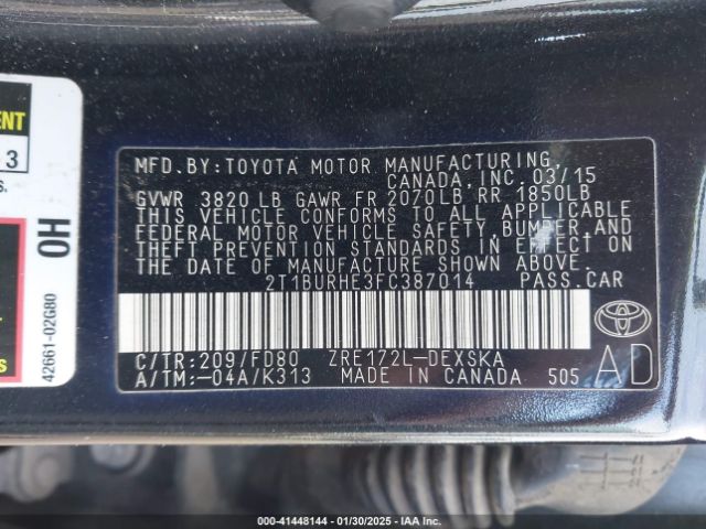 2T1BURHE3FC387014 Toyota Corolla L/le/le Pls/prm/s/s Pls