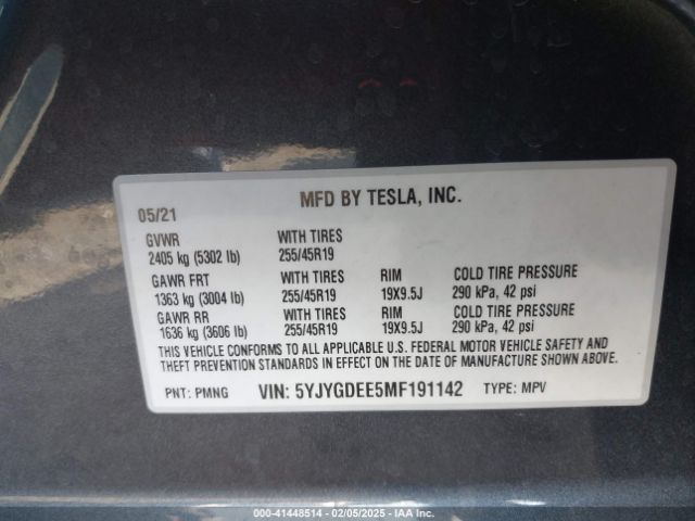 5YJYGDEE5MF191142 Tesla Model Y Long Range Dual Motor All-wheel Drive