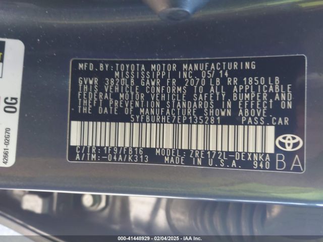 5YFBURHE7EP135281 Toyota Corolla Le/le Plus/le Premium