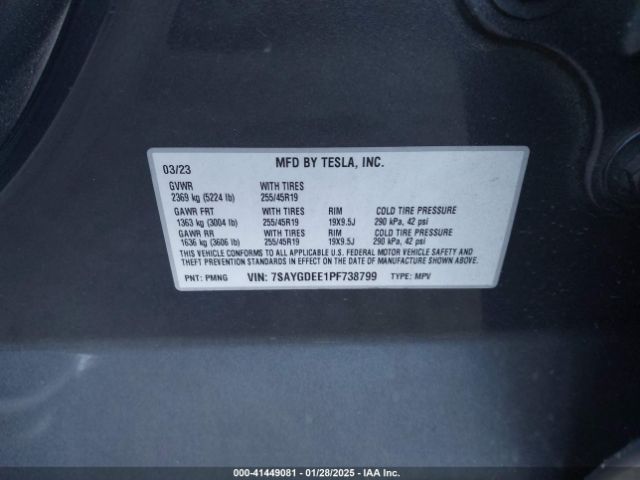 7SAYGDEE1PF738799 Tesla Model Y Awd/long Range Dual Motor All-wheel Drive