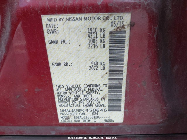 Nissan Altima 2.5 S 2015 1N4AL3AP8FC450646 Image 9