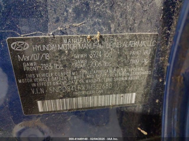 5NPD84LFXJH332680 Hyundai ELANTRA SEL