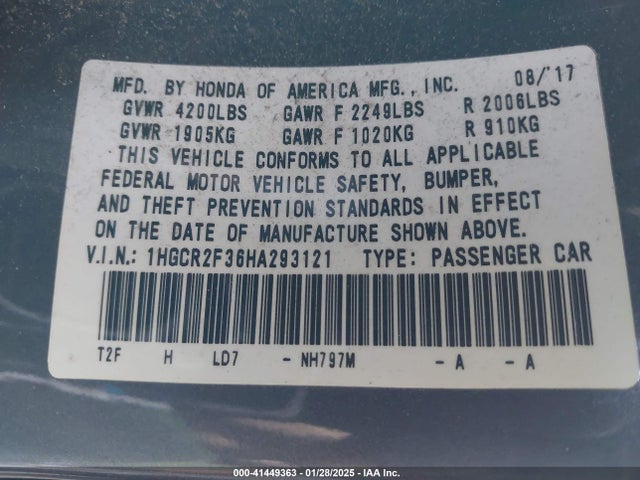 Honda ACCORD LX 2017 1HGCR2F36HA293121 Image 9