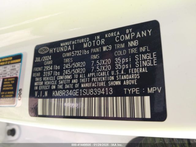 KM8R34GE1SU839413 Hyundai Palisade Xrt