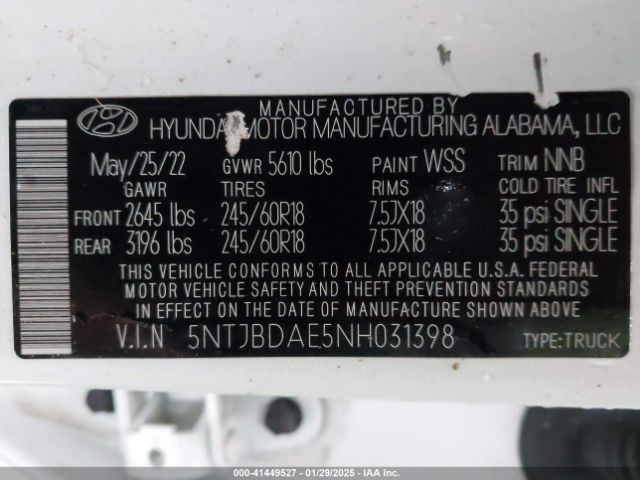 5NTJBDAE5NH031398 Hyundai Santa Cruz Sel