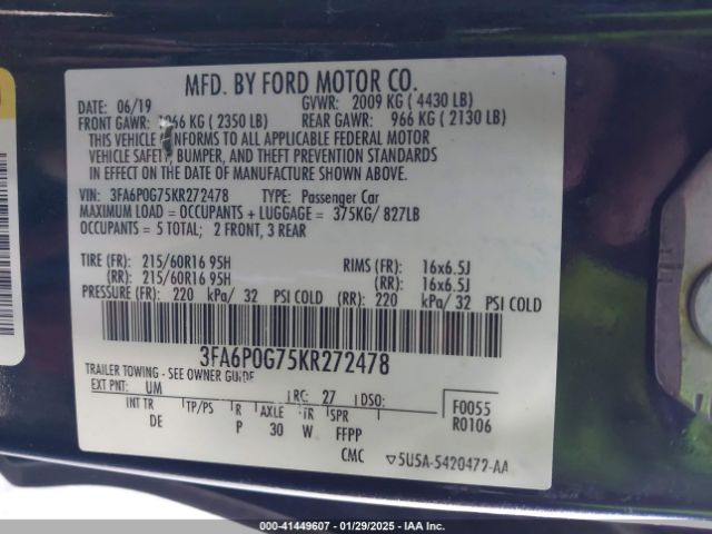 3FA6P0G75KR272478 Ford FUSION S