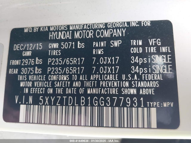 5XYZTDLB1GG377931 Hyundai Santa Fe Sport 2.4l