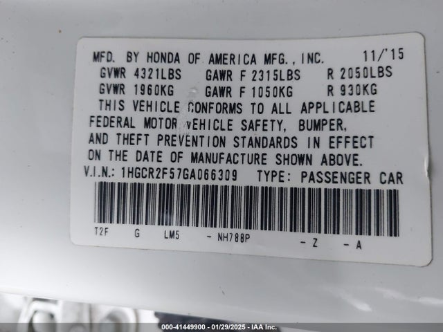 1HGCR2F57GA066309 Honda Accord Sport