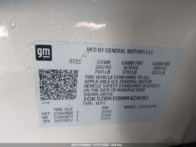 1GKS2BKD5MR424083 GMC Yukon 4wd Slt