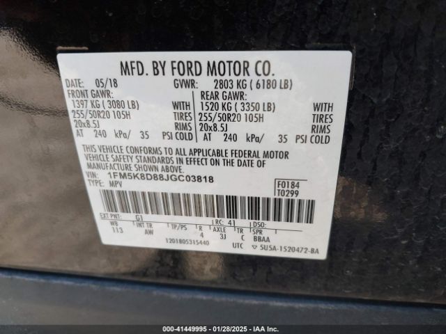 1FM5K8D88JGC03818 Ford EXPLORER XLT