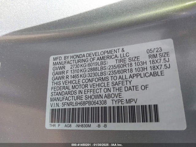 5FNRL6H68PB064308 Honda Odyssey Ex-l