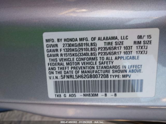 5FNRL5H62GB007208 Honda Odyssey Ex-l