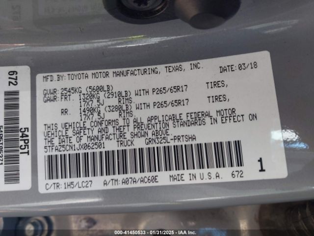 5TFAZ5CN1JX062501 Toyota Tacoma Trd Sport