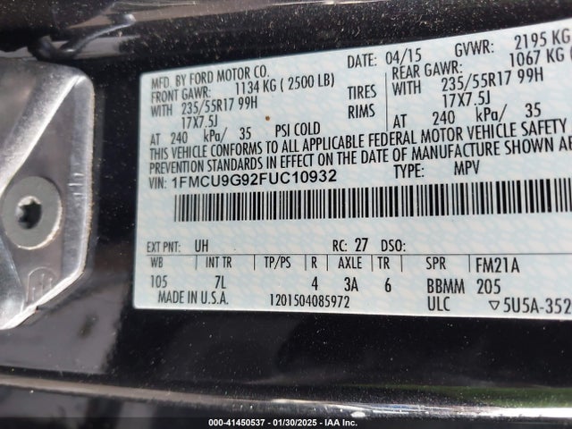 Ford ESCAPE SE 2015 1FMCU9G92FUC10932 Image 9