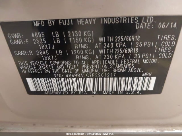 4S4BSALC7F3201217 Subaru Outback 2.5i Limited