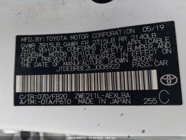 JTDEBRBE2LJ008922 Toyota Corolla Hybrid Le