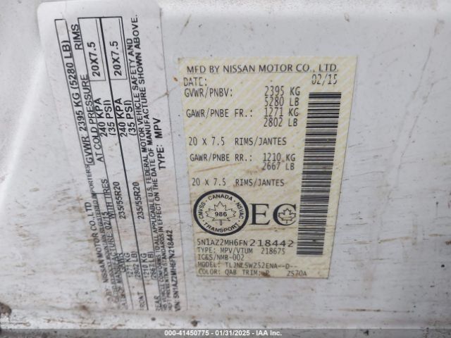 5N1AZ2MH6FN218442 Nissan Murano Platinum/s/sl/sv