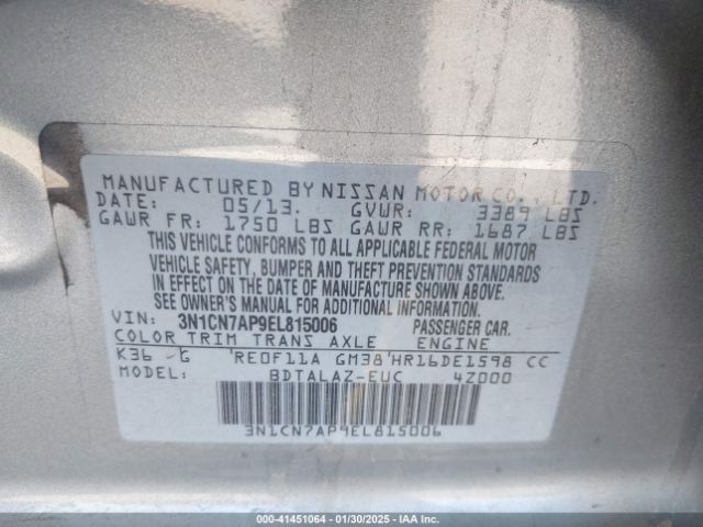 3N1CN7AP9EL815006 Nissan Versa 1.6 S+