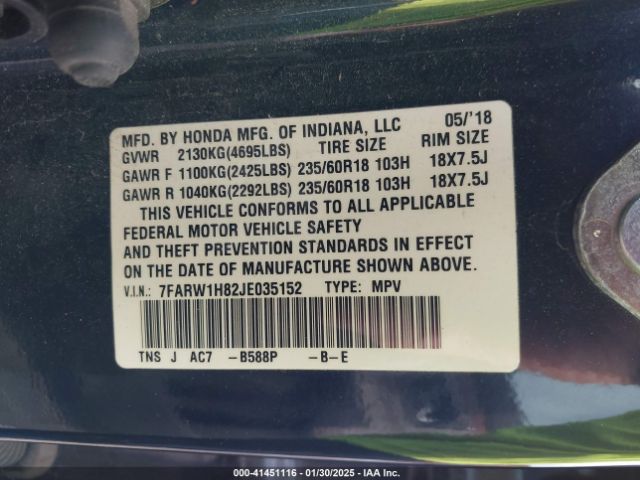7FARW1H82JE035152 Honda Cr-v Ex-l/ex-l Navi