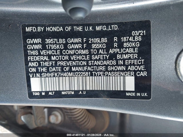 SHHFK7H40MU222581 Honda Civic Sport