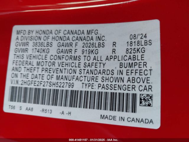 2HGFE2F27SH522799 Honda Civic Lx