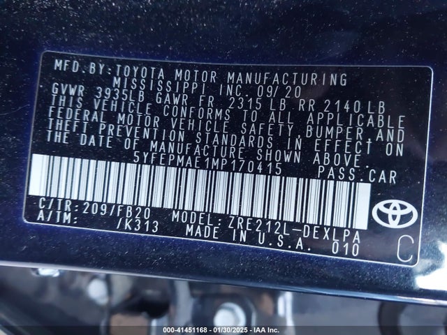 Toyota COROLLA LE 2021 5YFEPMAE1MP170415 Image 9