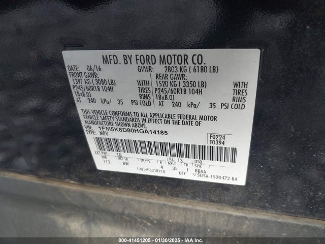 1FM5K8D80HGA14185 Ford EXPLORER XLT