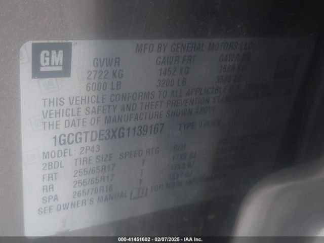 1GCGTDE3XG1139167 Chevrolet Colorado Z71