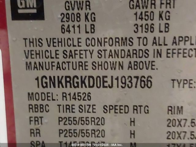 1GNKRGKD0EJ193766 Chevrolet Traverse 1lt